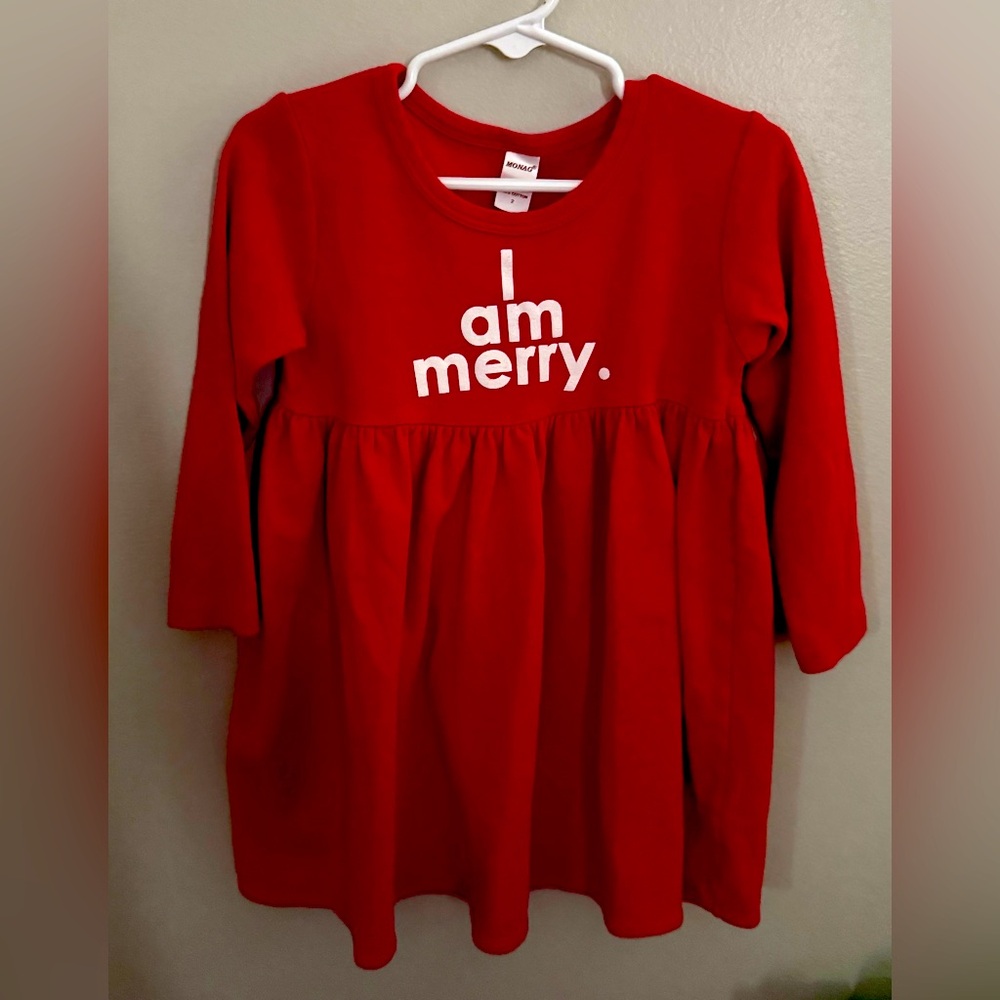 Monag Toddler Girl’s 2 2T Red Knit Stretch Dress Christmas Holiday I am Merry